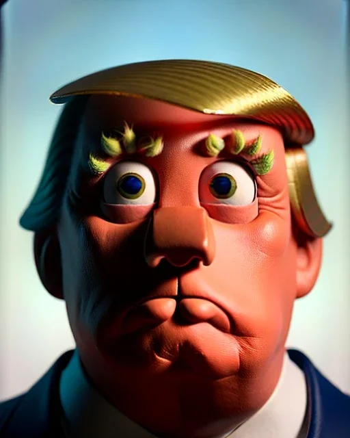 Waist up Portrait, Donald trump muppet, Wes Anderson style, photo studio, unreal engine 5, god lights, ray tracing, RTX, lumen lighting, ultra detail, volumetric lighting, 3d.