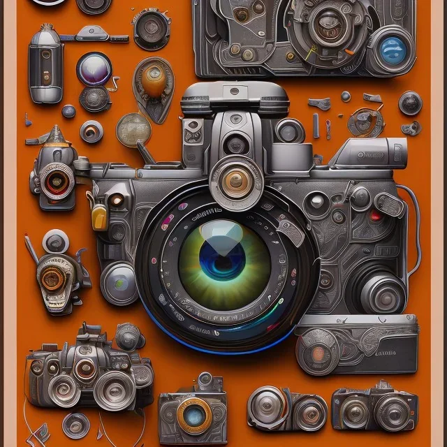 components of the camera laid out flat. poster design. high detailed. oil on canvas.