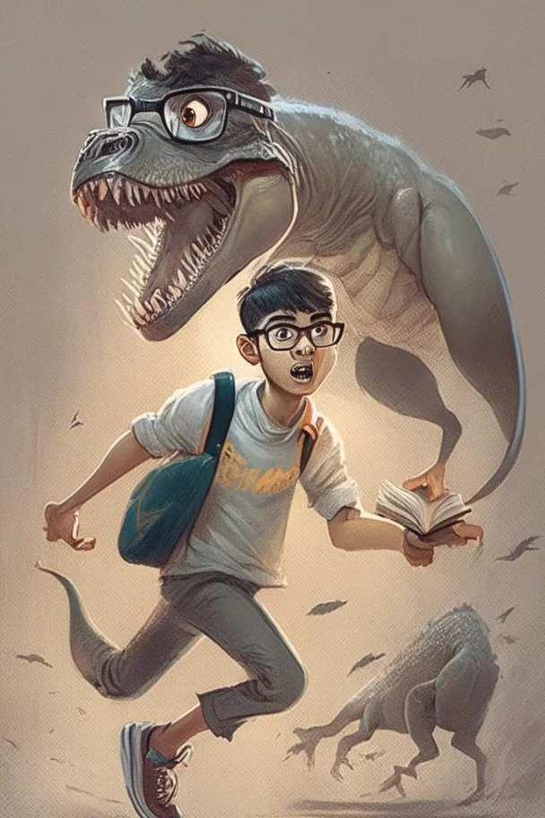 Draw Talha, a young, polite, beautiful, athletic young man, 11 years old, wearing glasses, holding a book, being chased by a T-Rex, with short hair