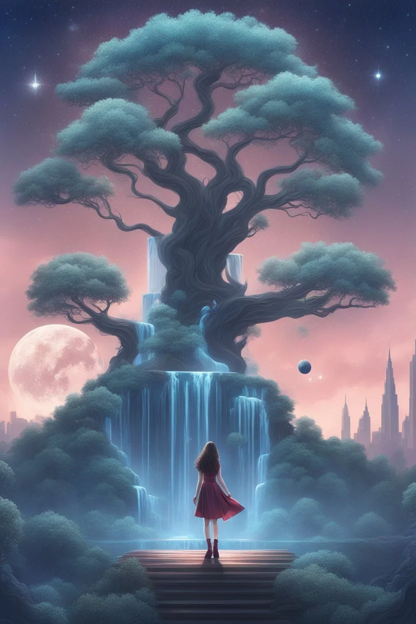 Girl tree. Standing on a ground of ornate glass and patterned glass trees. And a sky colored with stars and planets. And a star portal in the sky, inside which is a world with futuristic buildings and waterfalls.