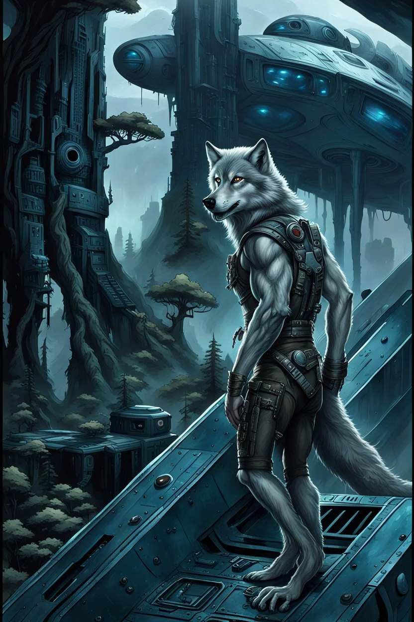 front an anthropomorphic wolf-man standing on spaceship's ramp on alien land and looking at the camera, around big white-blue fog and the spaceship's ruins . His gaze is directed towards the rain-soaked landscape, which is filled with towering trees with massive trunks. In background back him the spaceship and big fog. The atmosphere is a seamless blend of sci-fi and dark fantasy mood