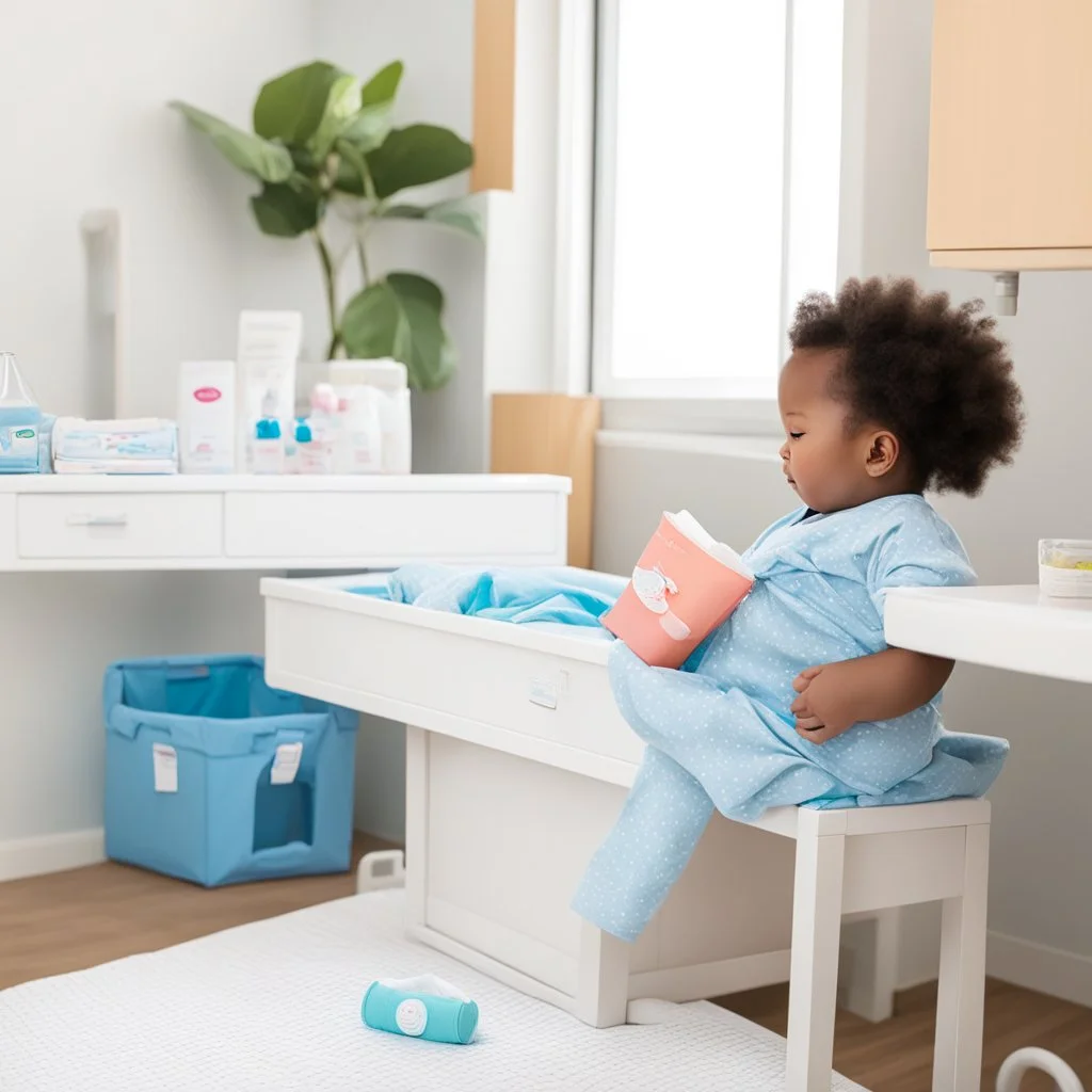 the nurse is alone, she wears pull-up diapers on the changing table, reading to drink: breastfeeding