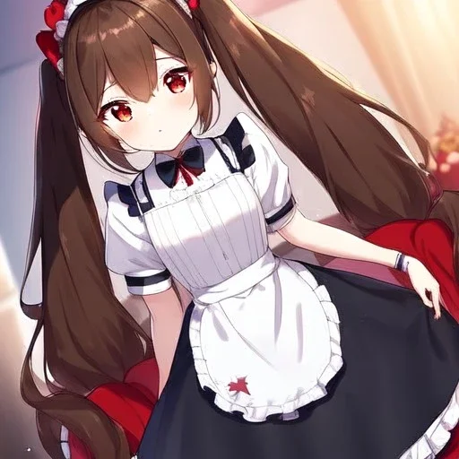 Clear focus, High resolution, Rough line, cute, anime style, red eyes, sparkling eyes, brown hair, red eyes, wearing a maid outfit, long twin tails, long bangs,choppy long bangs