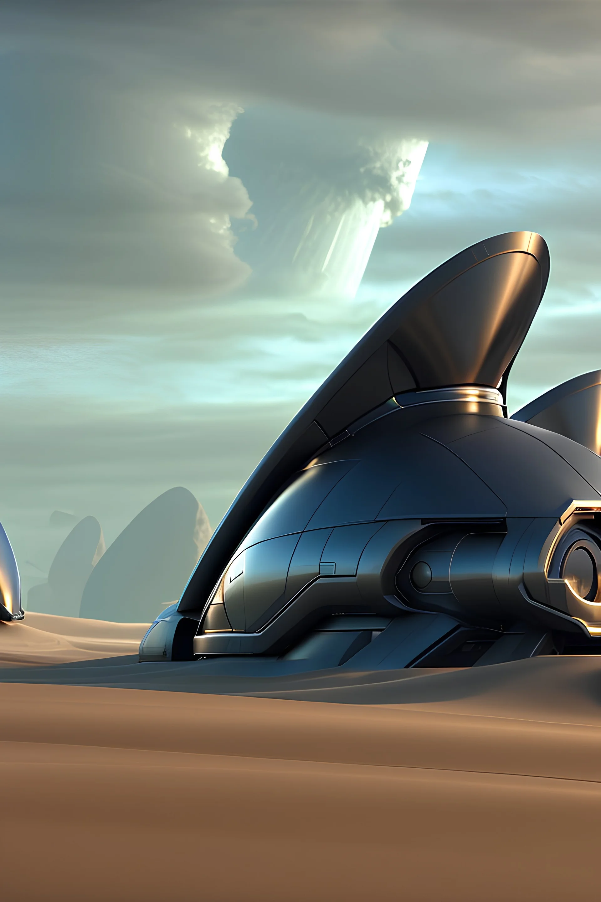 exterior view from a futuristic group of buildings, stones, grass, metallic, storm clouds, tornado, sea, futuristic, dramatic cinematic shot , 4k, sand dunes, octane render