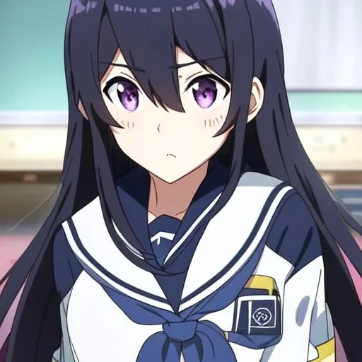 Clear focus, High resolution, long black fluffy hair, long locks, chopped bangs, purple eyes, wearing a sailor uniform, (solo), anime screencap, pixel