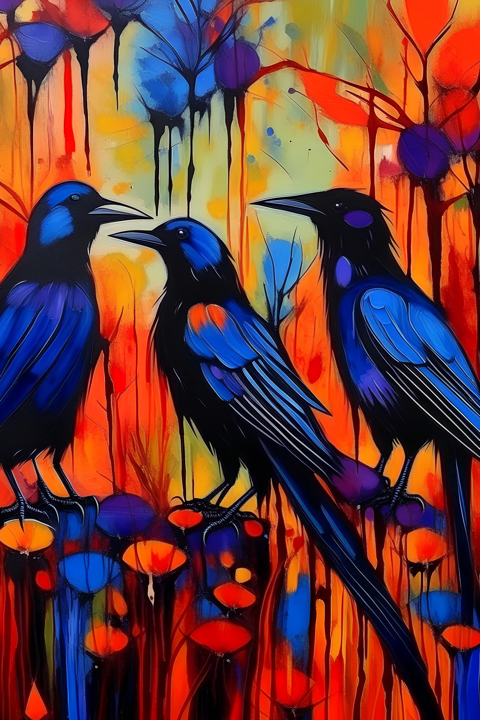 Acrylic canvass painting with orange, black, blue, yellow, red, and purple. I want it to have a natural vibe whether it’s wildlife or human architecture. You could incorporate all three. I’d also like it to be somewhat easy to create.