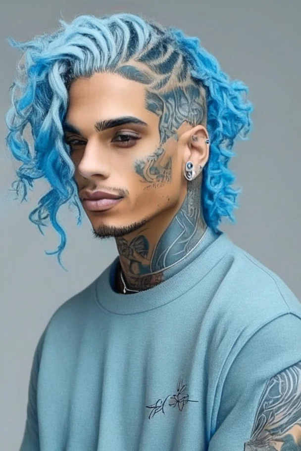 longish light blue wavy hair, brown skin, grey eyes, tattoos, black turtle neck clothing, hispanic