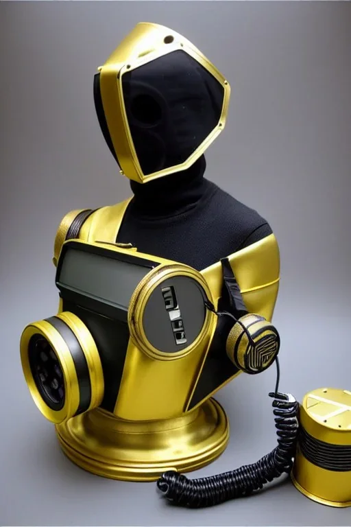 Metallic Cyber-punk style camera-mask and old headphones. Large fencing mask covers cheeks. Trim man. Reflective plastic body surface, golden skin, full-coverage. Body and Head full of integrated old-fashioned cameras and an old telephone. Golden to black surfaces body. Perfect body. Equations, Euclidean 3D-tiling, Escher tiling. 1996. Cables in head. Daft Punk. Matrix leather jacket. Hood. Beanie.