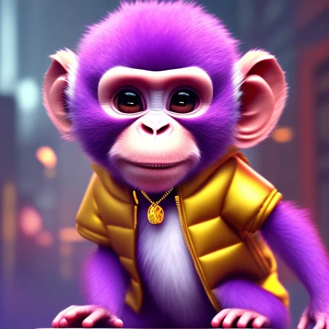 pixar style anamorphic cute monkey baby, gangsta gold neckless, full body, magenta puffer jacket , manila city backdrop, dramatic lighting, hyper-realistic, unreal engine 5, 16k. full detailed,