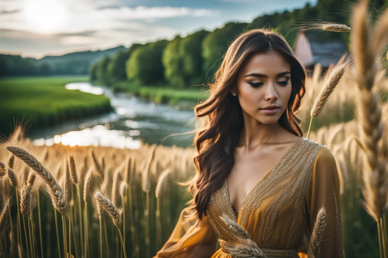 extreme close up shot of golden wheat field next to river ,a watermill on river, a beautiful girl in pretty long dress walking in