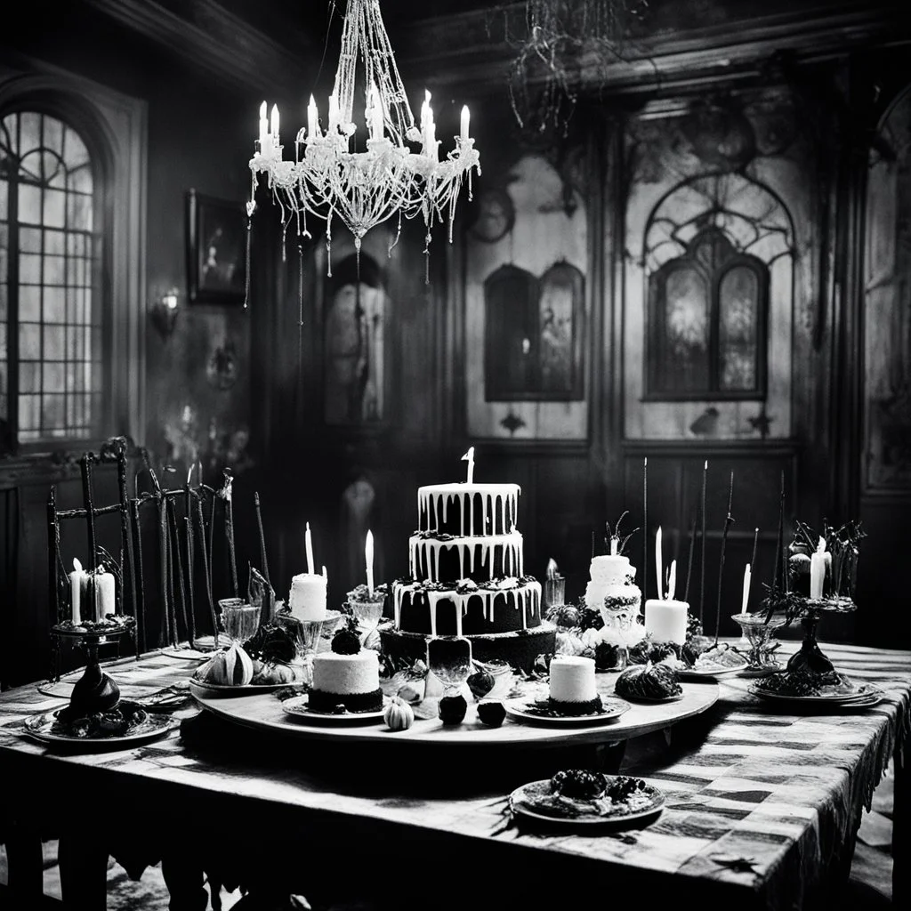 [a vintage-style image with noisy scratches and glitches, capturing the essence of an eerie scene] a Spooky Birthday Party unlike any other, hosted by Pugsley Addams himself. Within the eerie halls of the Addams Family mansion, haunted cakes with spiderweb frosting and ghostly party games that defy the laws of the living await the guests. The decorations, adorned with cobwebs and flickering candles, cast a spectral glow over the festivities. As the peculiar guests mingle in the shadows, Pugsley