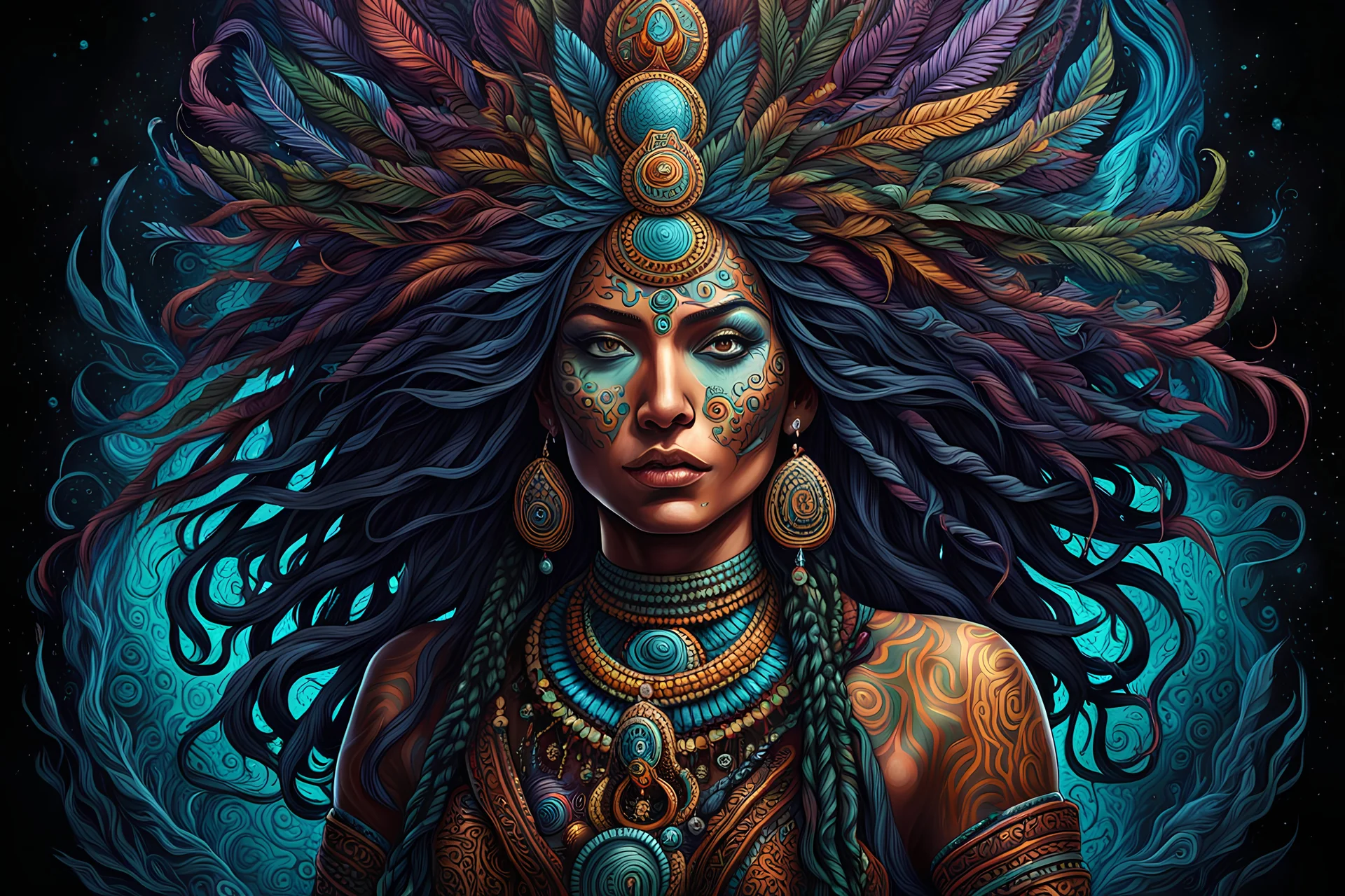 full body portrait painting of a female ayahuasca shaman with intricately detailed hair and facial features, traversing the multiverse of transformative and expanded consciousness, highly detailed in the surrealist style of Dan Mumford, sharply defined and detailed, 4k in dark moody natural colors