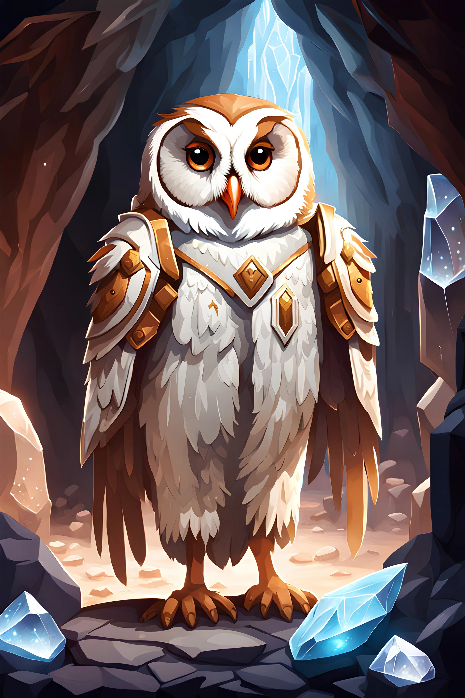 game art of a barn owl hero in armor in a Cave of the Crystals