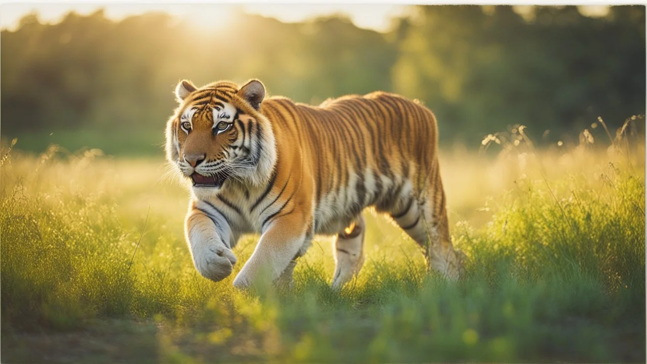 ((cheerful tiger, running, grassy field), sunny, bright, (golden hour lighting), soft focus, vibrant colors), polaroid, photograph, professional photograph, (high resolution, cinematic composition, telephoto lens)