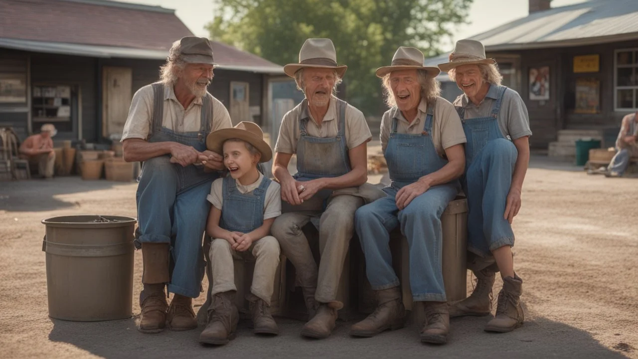 In a mesmerizing combination of brilliant and fading shades, photorealistic,an insanely detailed photographof a family gettogether of flimsy kentucky hill billy farmers in ragged overall and holed shoes, eating from a carbage bins outside a mcdonald restaurant 8k UHD