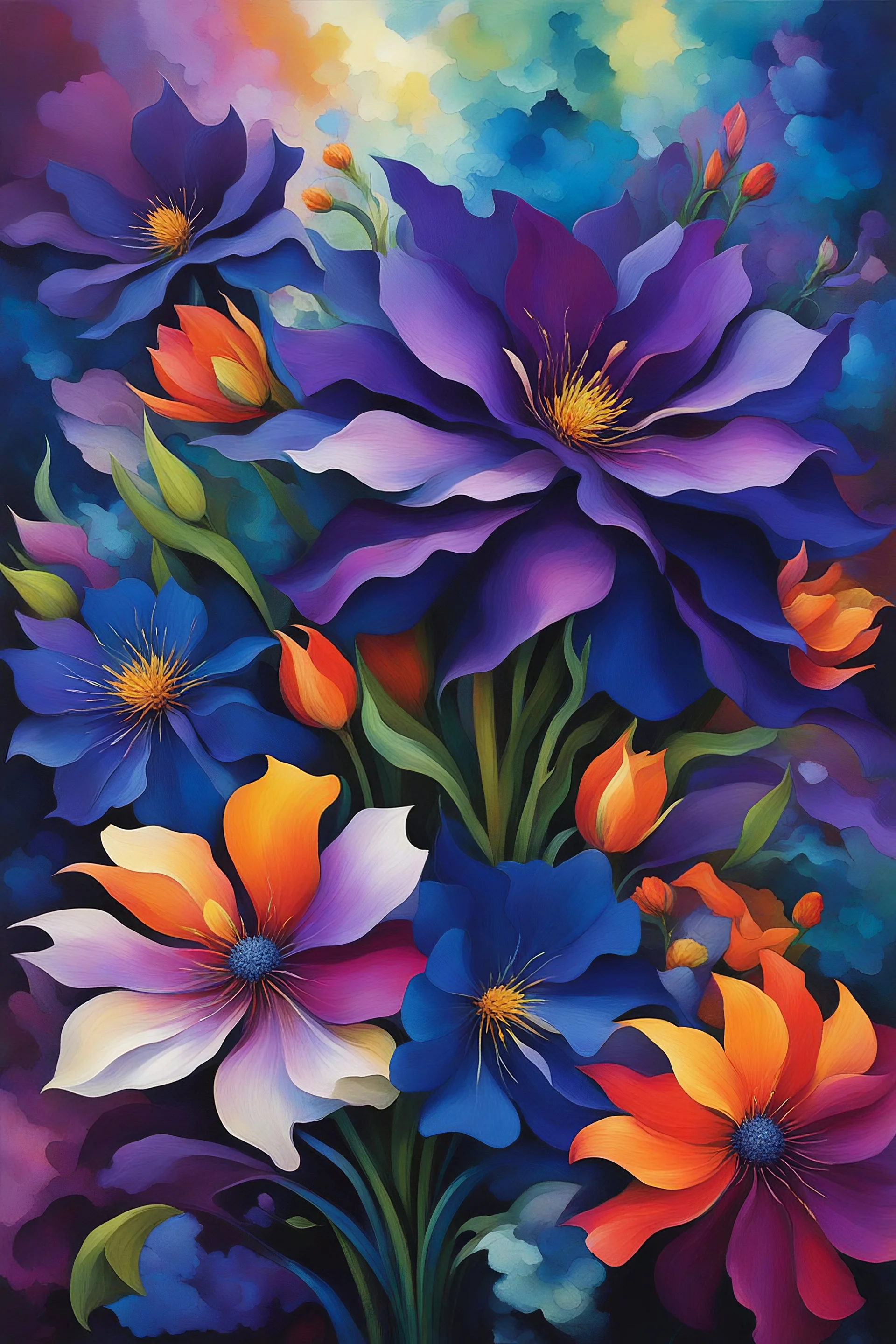 "A vivid, abstract floral arrangement featuring large, blooming flowers in a mixture of vibrant colors. The flowers should include a palette of deep blues, radiant purples, and lush greens, giving the petals a glowing effect. The style should be expressive, blending realistic floral details with an abstract, fluid background. The artwork should evoke a sense of energy and elegance, with intricate linework that adds depth and detail, and a swirling background to