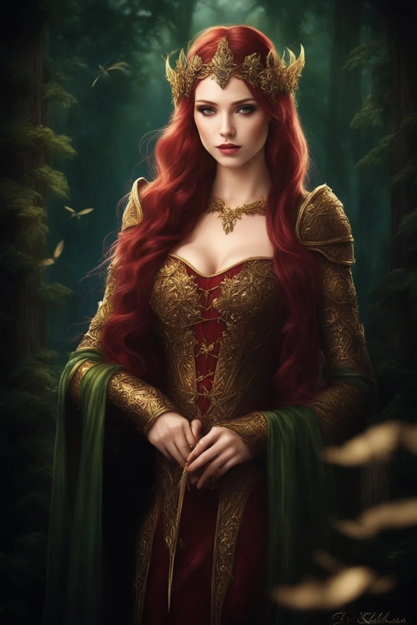 Burgundy hair, dark hair,dark red , rapunzel hair,very long hair,dark fairy princess,elven crown,night,dragonflies,beautiful,ong ashes,golden armor ,sparkle,night blooming,ivy,dark green,lilly of valley,golden elven crown,elven warrior,dark gold armor,extremely long hair