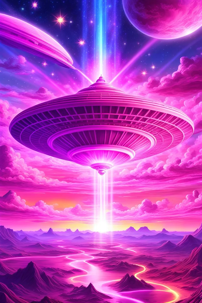 vaisseau interdimensionnel de couleur rose, grands rayonnements, dans un cosmos rose et jeu très étoilé d'or, 8K,ufo rainbow