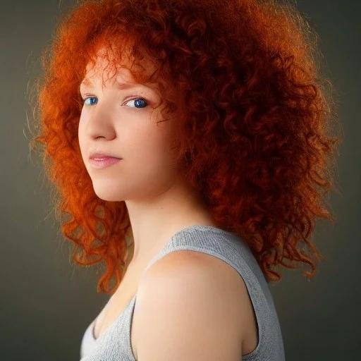 Woman with red curly hair and brown eyes