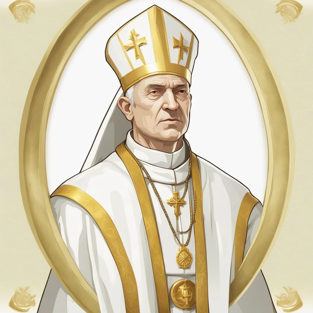 game avatar, man, portrait, pope priest, religion, white robe, gold, medieval