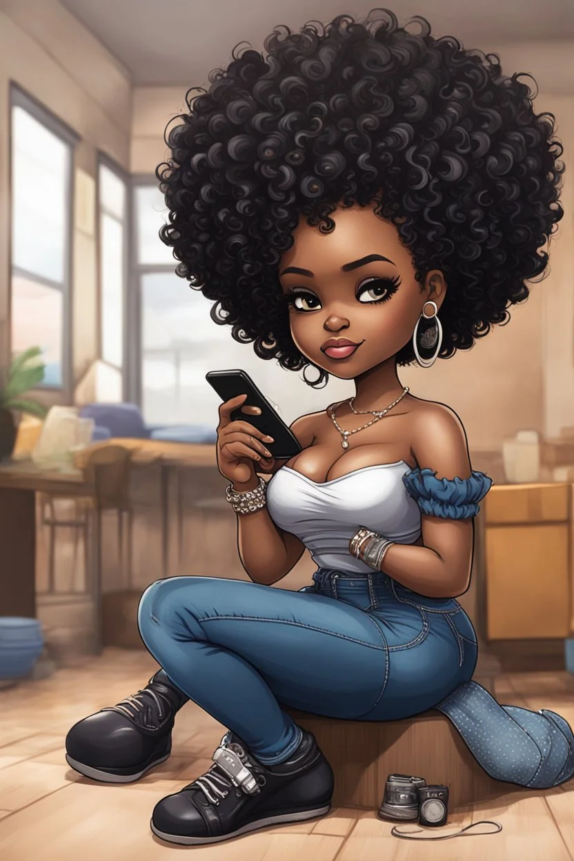 Create a furturism magna art of a black chibi curvy female sitting on the floor looking at her cell phone. She is wearing tight blue jeans and a black off the shoulder blouse. Prominent make up with lush lashes. Highly detailed tight curly afro. She is also wearing silver large hoop earringsart of a black chibi curvy female sitting on the floor looking at her cell phone. She is wearing tight blue jeans and a black off the shoulder blouse. Prominent make up with lush lashes.