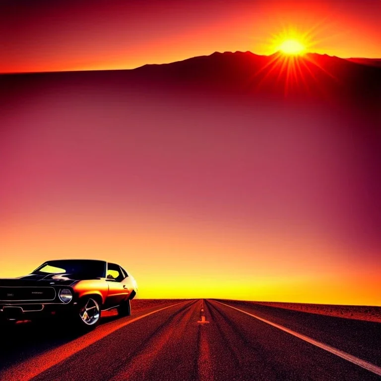 muscle car, desert road, sunset, full colour