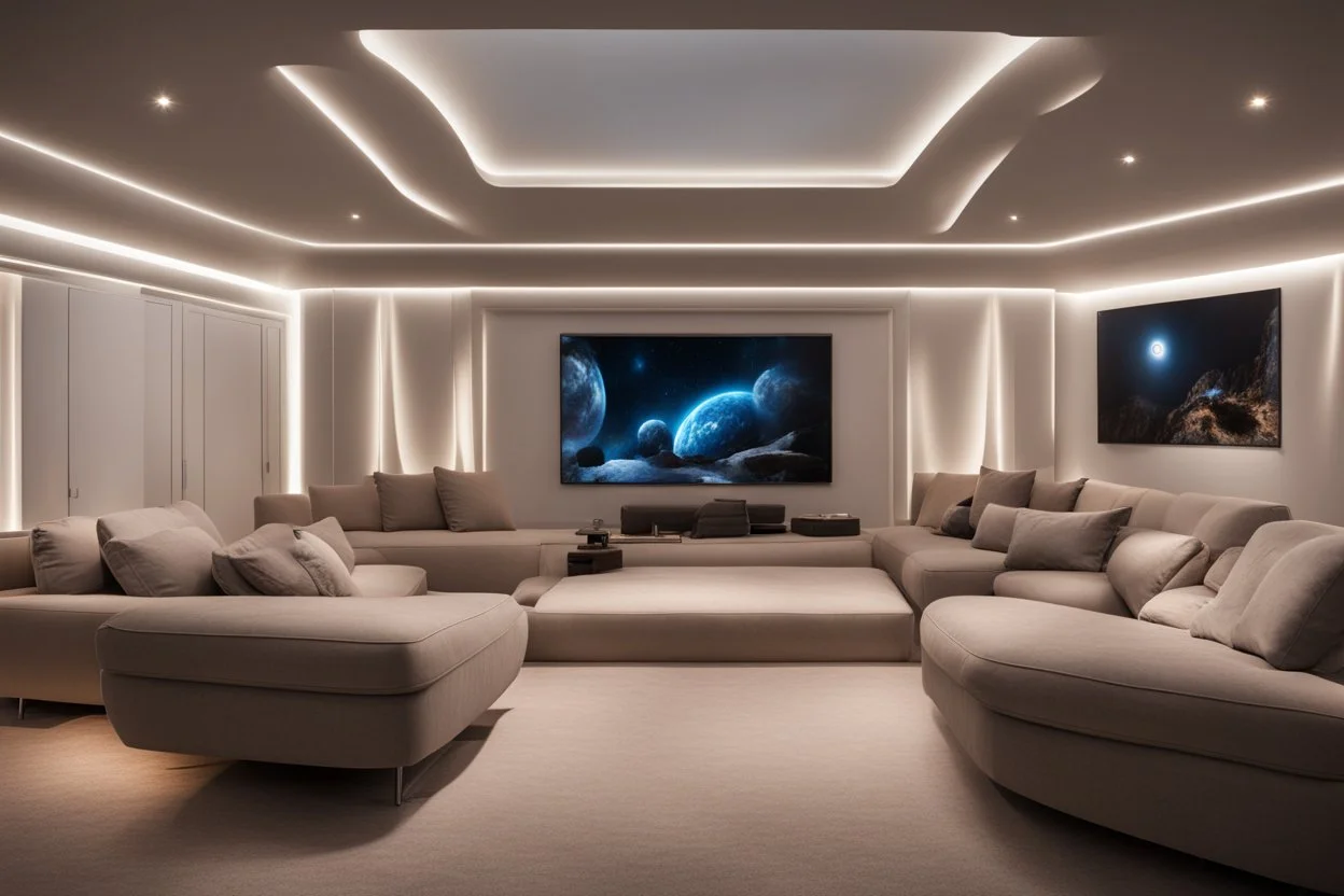 a dedicated home cinema room with LED ambient lighting in the walls