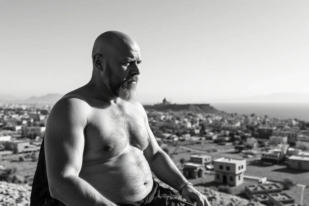 man looking like "Walter White" in breaking bad tv show, bald and goatee, with bare chest riding on a camel in Casablanca town, panorama, black and white photo, staring at a small town in horizon
