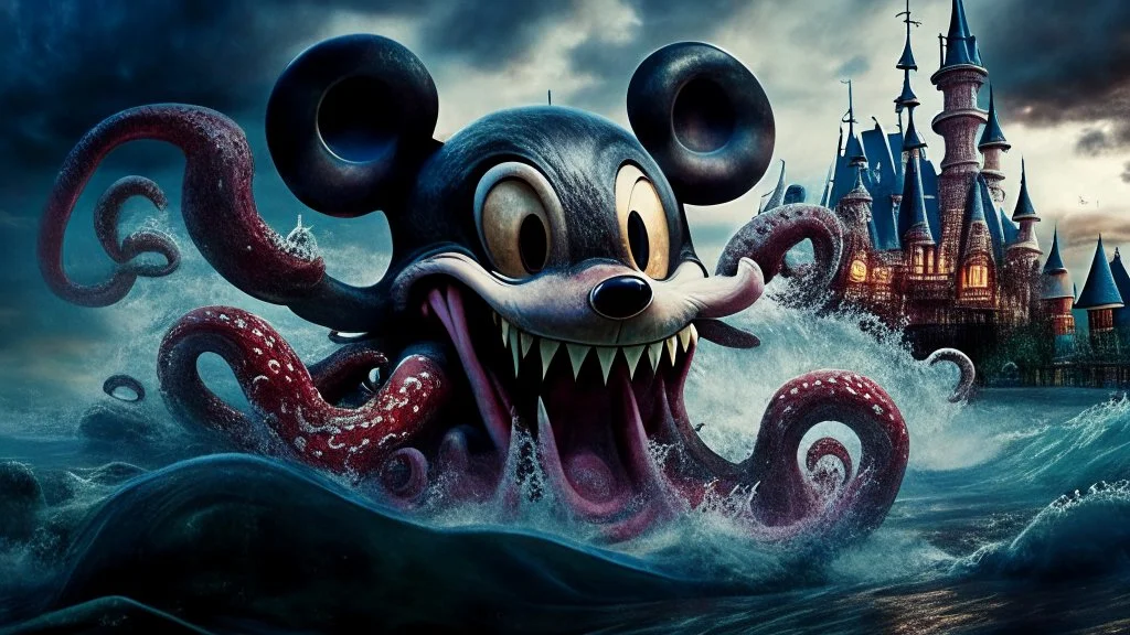 kraken octopus mickey mouse hybrid, photorealism, horror, evil, hungry, high resolution, attacking the happiest place on earth