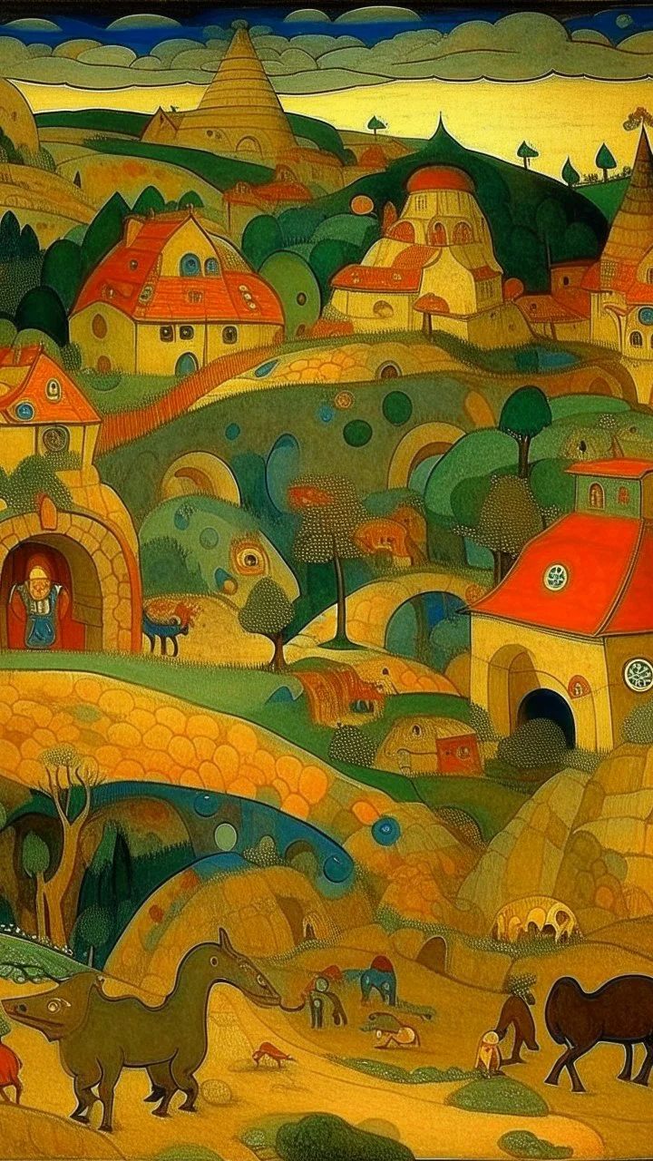 Bosch nightmares, A village made out of stones designed in cave paintings painted by Paul Ranson