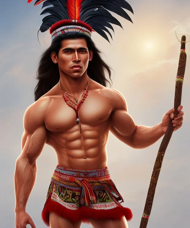 Guaicaipuro, native american god warrior, long black hair, big muscles, red feathers headdress, shirtless, holding a stone tip spear, fierce face