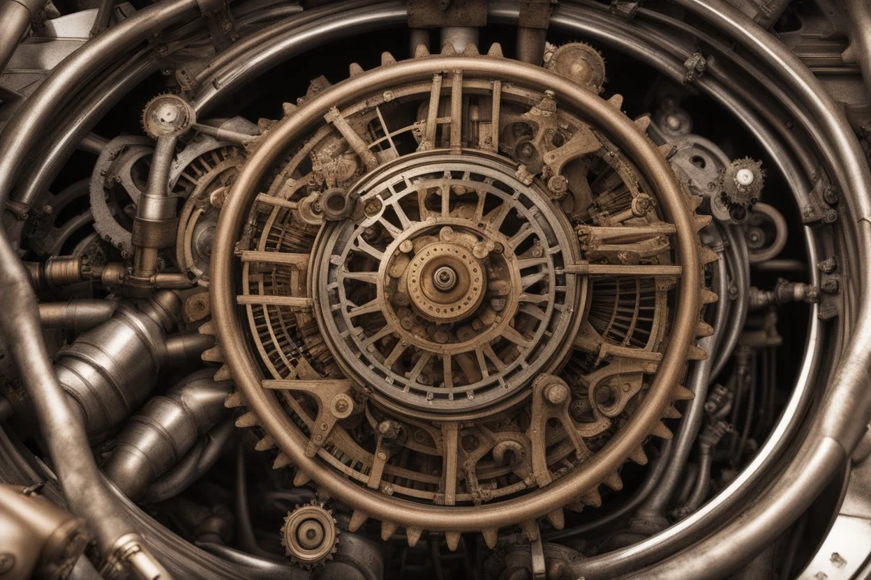 Looking down into a complicated large, victorian, organic, steampunk mechanical engine, with cogs, highly polished metal