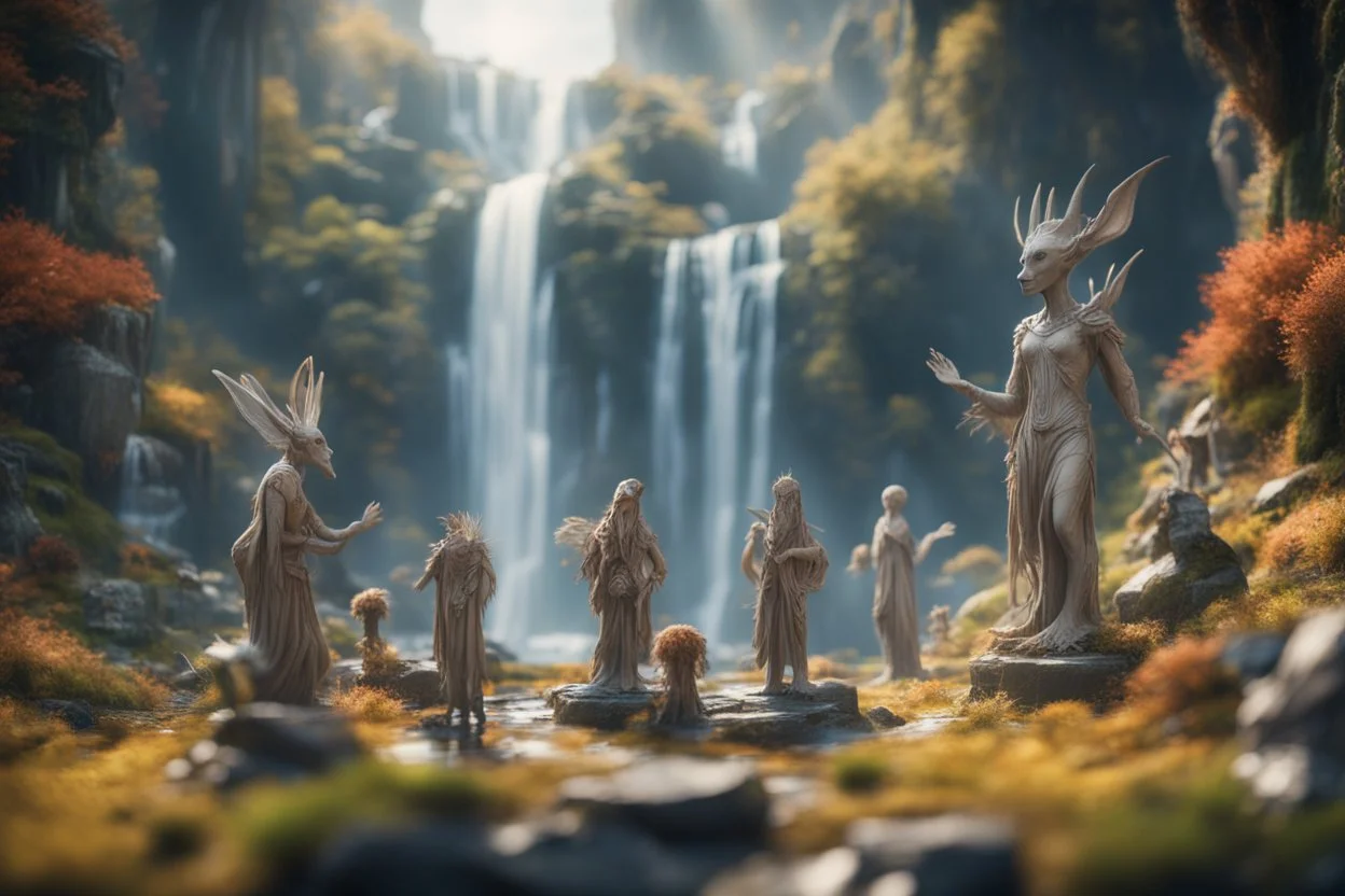 archeologists discovering woodland creatures in Rivendell worshipping alien statues and idols, on a strange planet with weird colors and waterfalls, bokeh like f/0.8, tilt-shift lens 8k, high detail, smooth render, down-light, unreal engine, prize winning