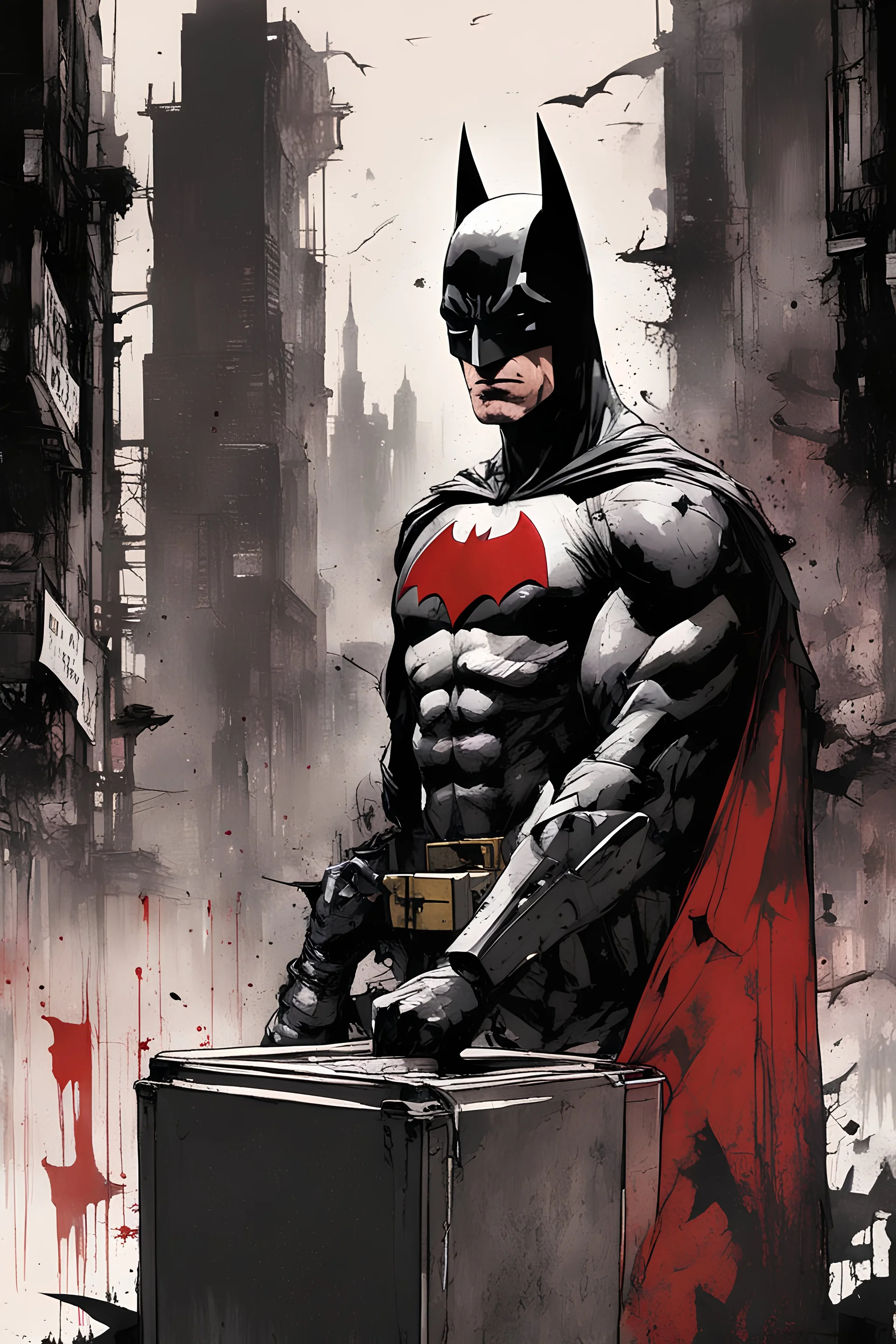 Batman leaving his vote in a voting box. behind post apocalyptic cityscape darkred tones, painting by Yoji Shinkawa,