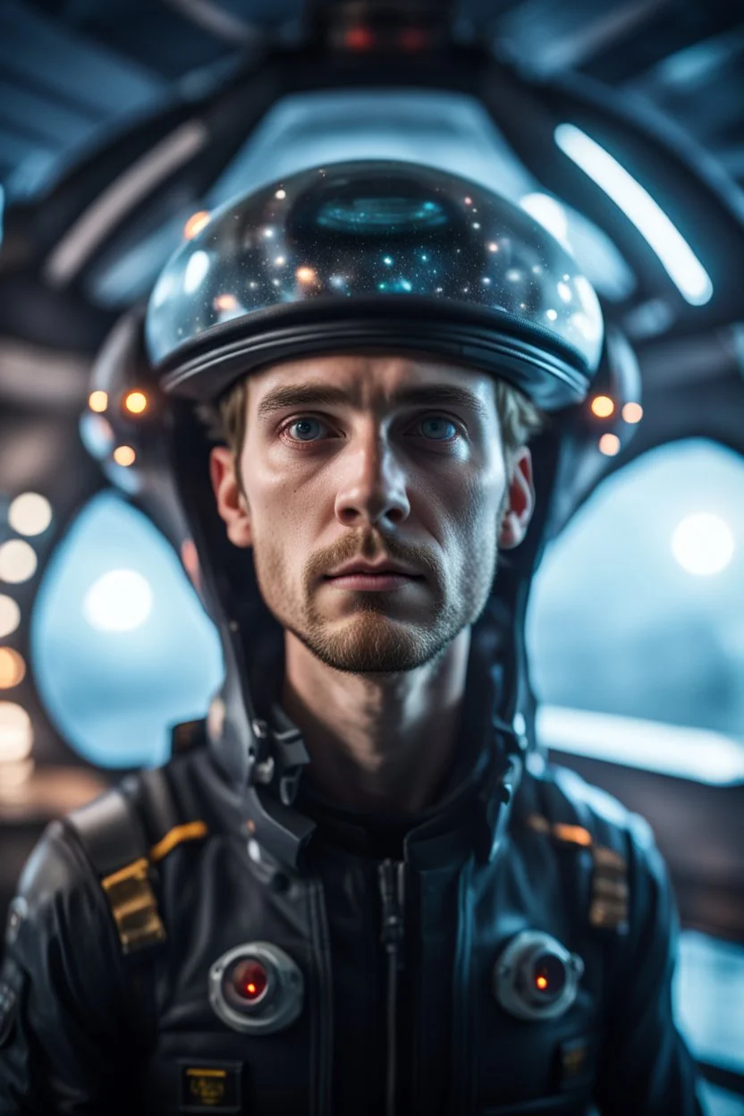 portrait of really scared young captain on a misty catamaran dome modular house sub that looks like a dark twisted alien space ship with spotlights, in advanced hi tech dock, bokeh like f/0.8, tilt-shift lens 8k, high detail, smooth render, down-light, unreal engine, prize winning