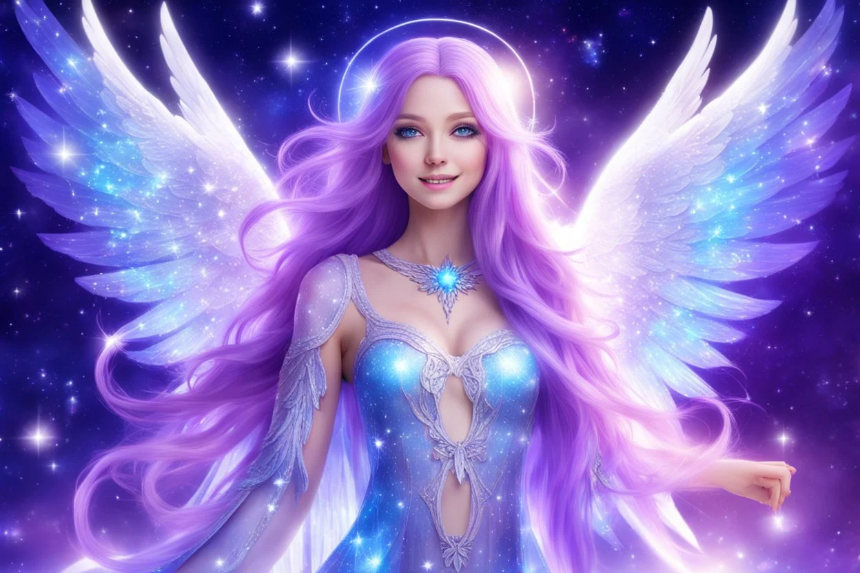 angel cosmic women with long violet hair, light eyes and blue brightness tunic, with a little sweety smile, with big crystal wings, in a background of stars and bright beam in the sky