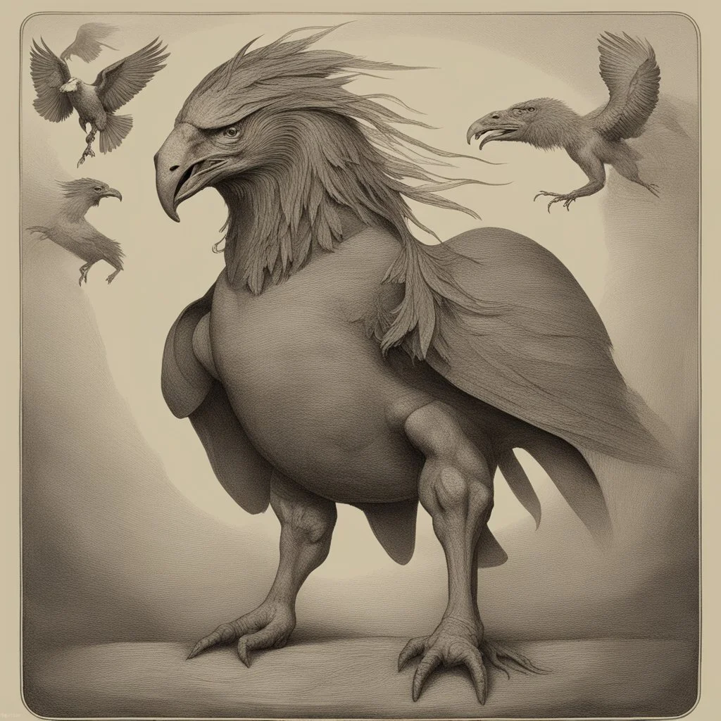 A creature with a combination of an eagle's head and a horse's body,A creature with a combination of eagle and human head