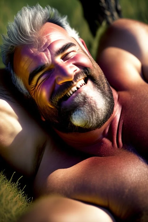 Close up photography, 35mm lens lens, a happy smiling muscular Sardinian shepherd burly chubby man 58 years old, lying down in the meadow near a little tree, ugly and dirty, bullneck, manly chest, in tank top and overalls, wild white beard, ambient occlusion, strong sunshine, emotive eyes, misery and poverty, side view