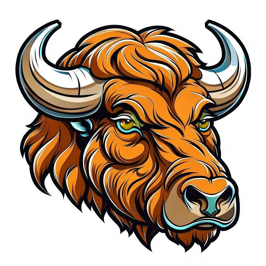 angled view of the head of a bull bison buffalo, sports mascot style