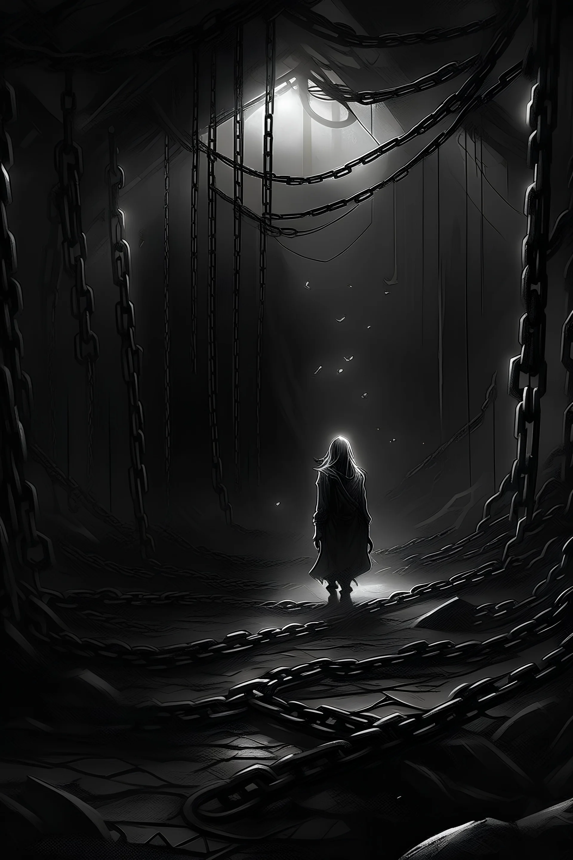 "Illustrate the harrowing journey of victims through a dark, labyrinthine network of chains and shadows, with a glimmer of hope breaking through."