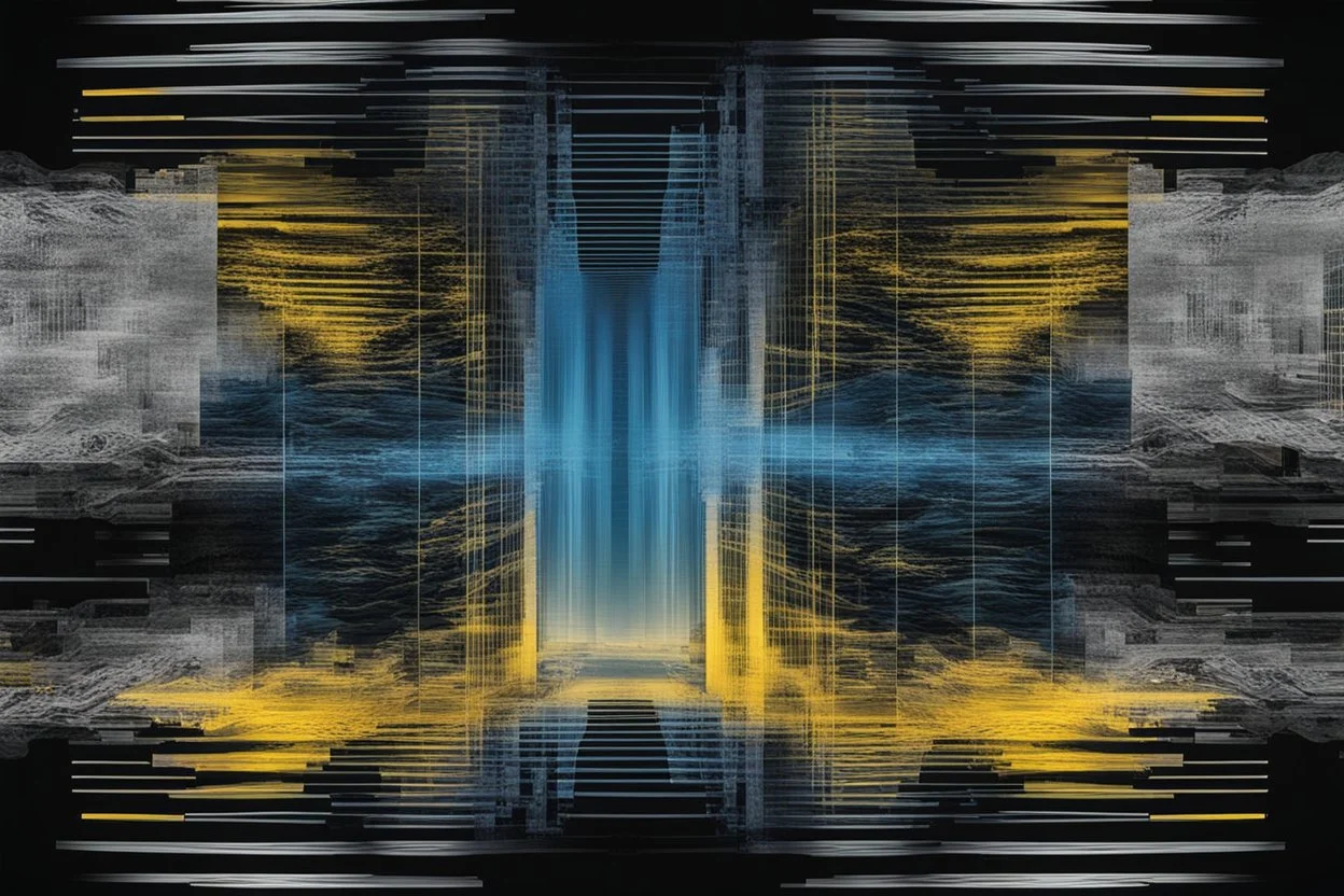 Double exposure transparent glich picture silhouette of a building, bridges, white noise, distorted, abstract patterns, glitch art with distorted shapes, optical illusion, gray-yellow and blue gradient effect, rhythmic noise particles. Grain scored texture. Black background.