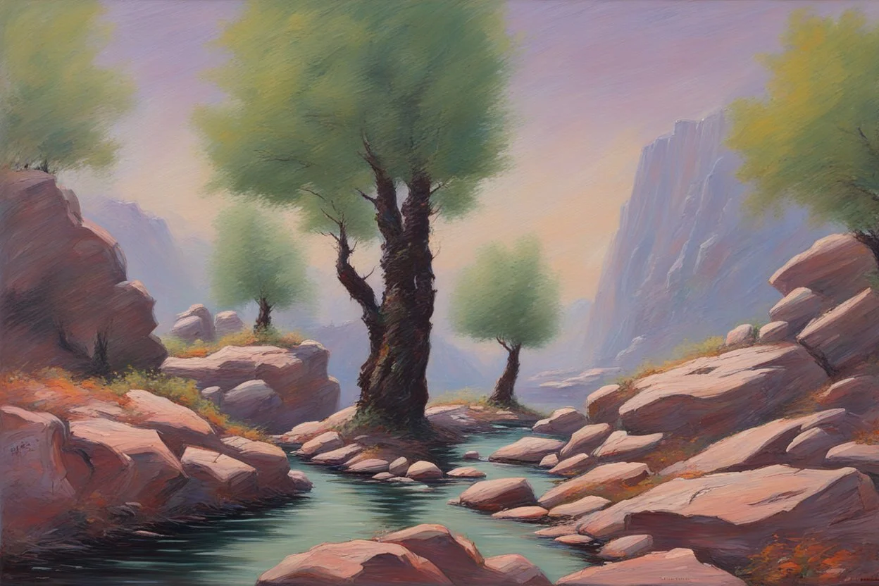 Trees, rocks, 2000's sci-fi films influence, otto pippel impressionism painting