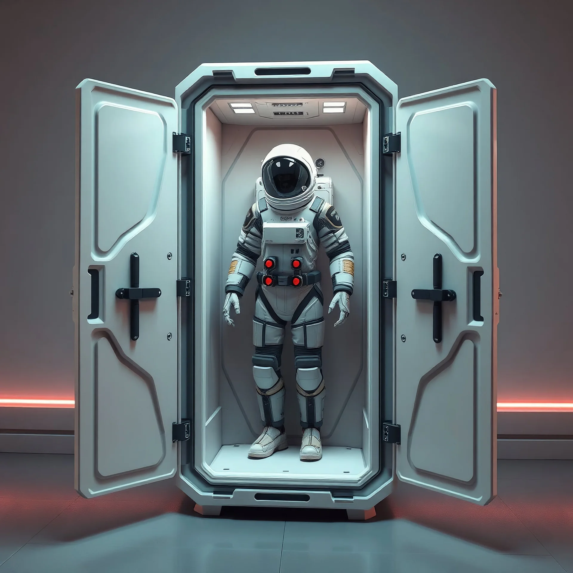 A futuristic sci-fi suit storage chamber, standing on the floor. The chamber is a low-poly structure with a retro Half-Life 1 / GoldSRC vibe, simple geometric shapes, but styled with modern textures and lighting. It stands vertically at 90 degrees like a cabinet, with hinges that allow it to tilt down to 180 degrees, like a capsule bed for the suit. Inside are robotic low-poly arms and clamps designed to hold a spacesuit.