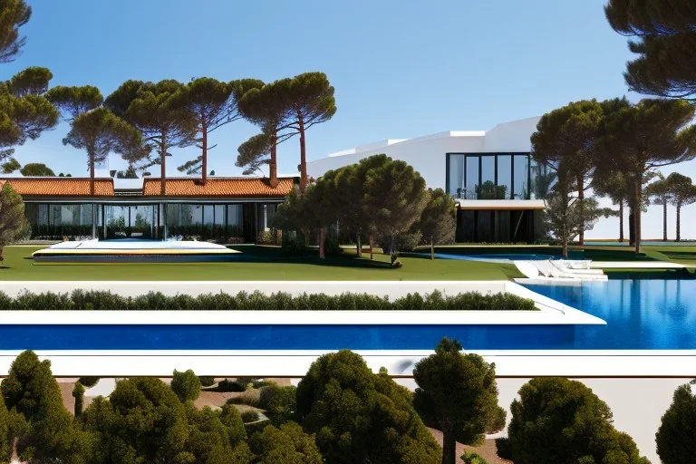 algarve in quinta do lago, one straight line building of 250 meters long pool, modernistic luxury architecture with wood and gold metallic pergolas with pool on rooftop, on a slope with pinus pinea, a road wrap around for low speed veicular road