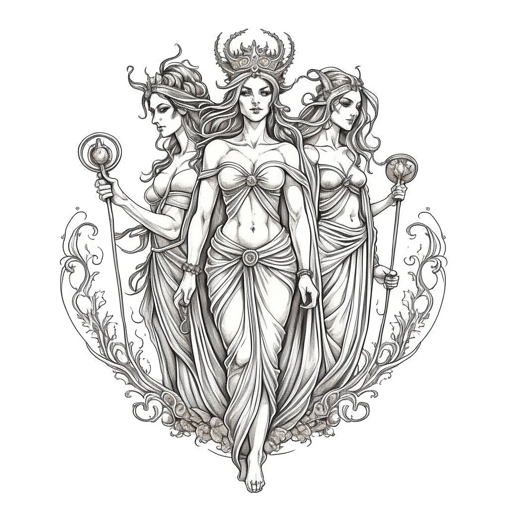 The Fates (Clotho, Lachesis, and Atropos).. realistis tatto sketch style, white background, profesional tatto sketch