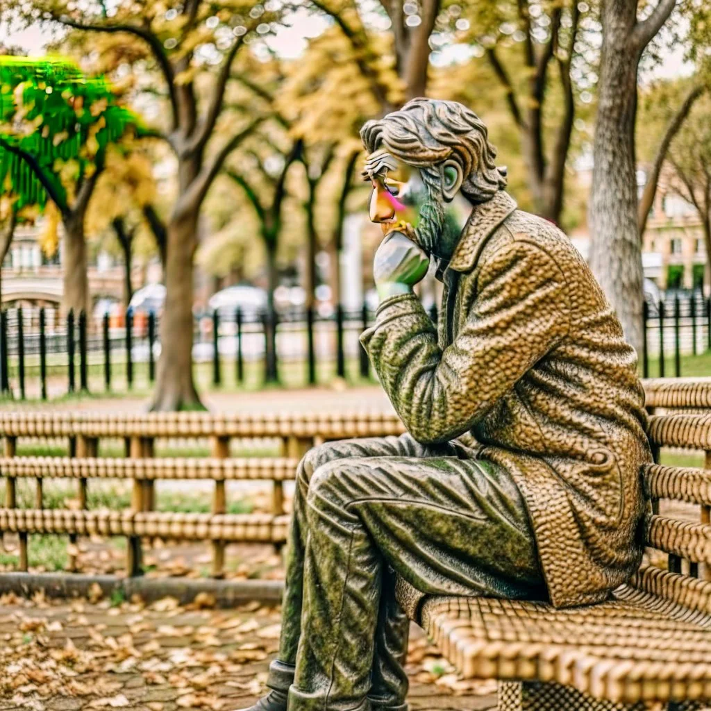 A figure of a man thinking about complex issues sitting on a park bench.