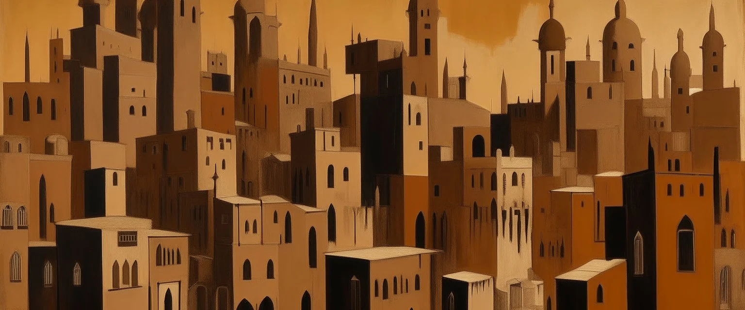 A brown Moroccan like city with innovative buildings painted by Clyfford Still