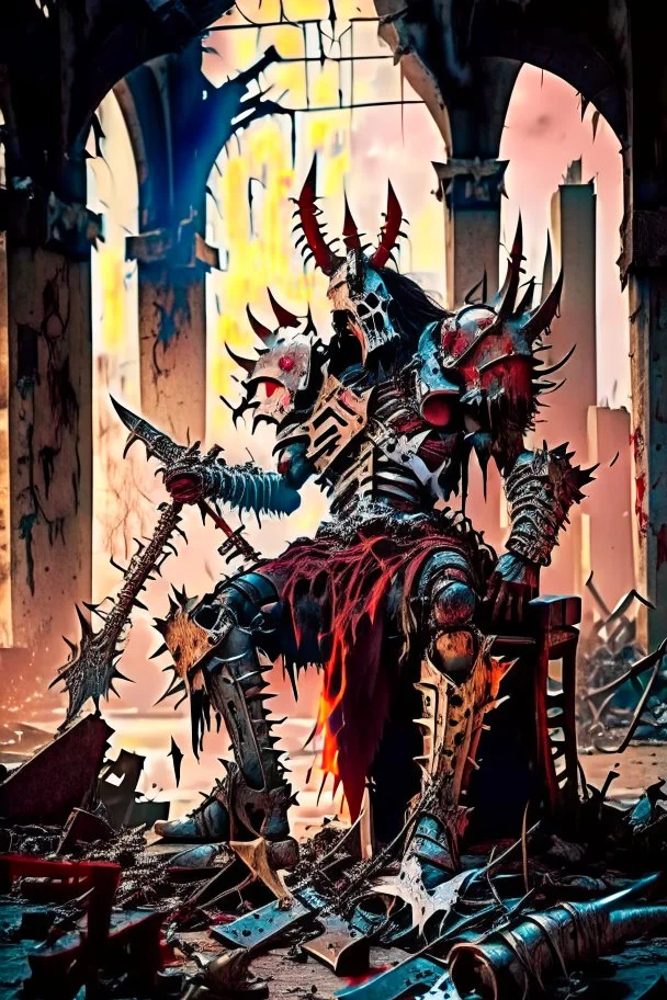 metal maden male chaos warrior of khorne in armor is holding a great sword in a ruined post-apocalyptic city, sci-fi, fantasy, horror, skulls on the ground, blood, Tornado, Roman, Empty chairs,Tangled roots,Key, Warped,Mangled,Ethereal, (Isolation:1.1), (Glaze:1.1), (Reflected light:1.2), Glass, Polygon, ultra detailed, intricate, oil on canvas, dry brush, (surrealism:1.1), (disturbing:1.1), trending on artstation, sharp focus, studio photo, intricate details, highly detailed, by greg rutkowski,