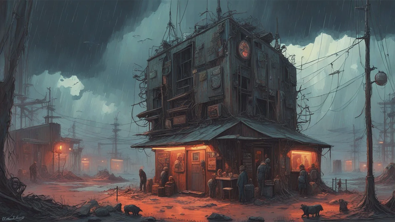 Strange surreal world, techno gothic bar, cyberpunk renaissance, Science fiction painting, Denis Sarazhin Simon Stålenhag, Nicolas Bruno, sinister vibes, harsh survivalism, Peter Sallesen, Hamish Frater, ominous sky