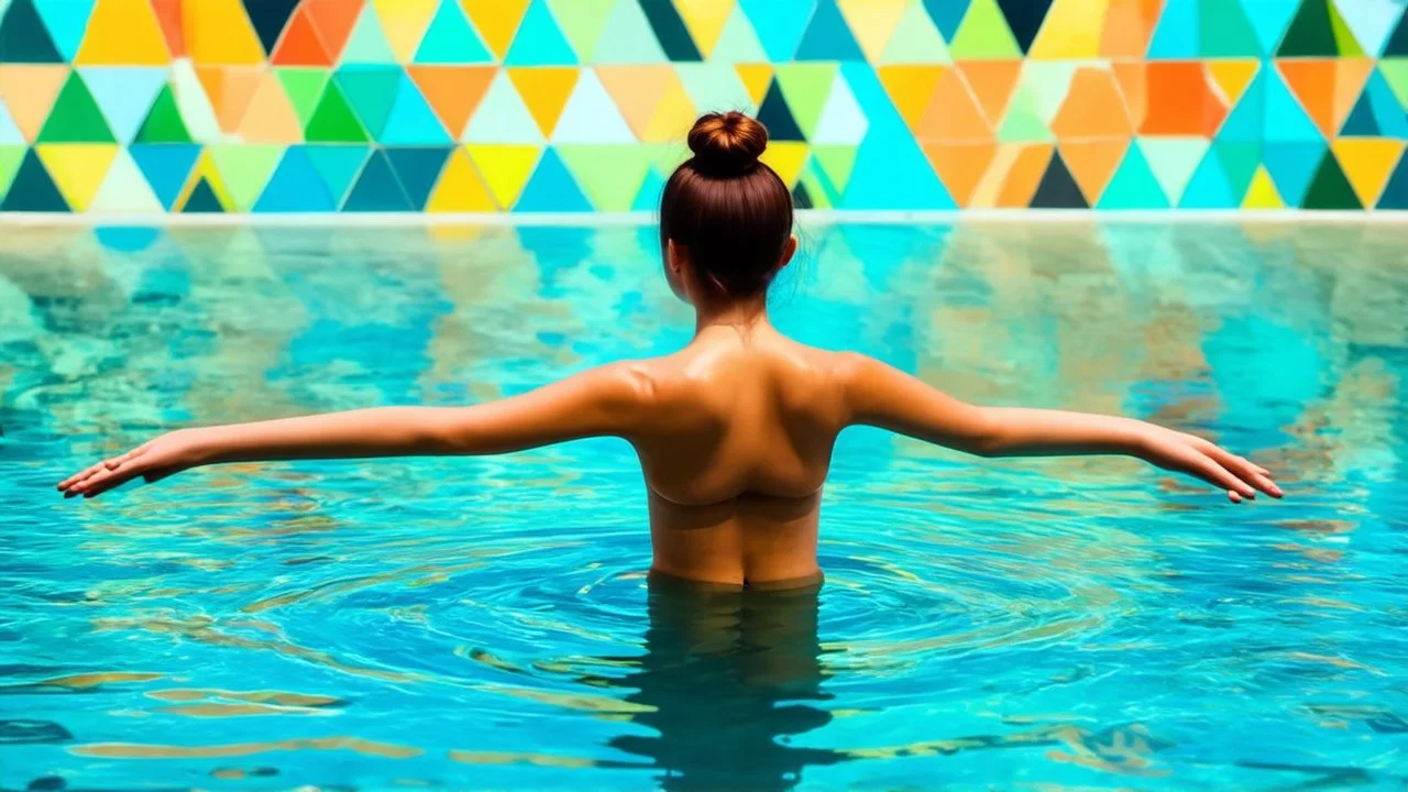 a woman standing in a pool of water. The woman is facing away from the viewer, with her body slightly turned to the side. She is standing with her arms stretched out to the sides, as if she is embracing the water. Her head is tilted slightly to the left, and her hair is pulled back in a bun. The background is filled with a colorful, abstract pattern of triangles in various shades of blue, green, yellow, and orange. The overall mood is surreal and dreamlike.